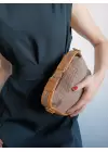 Toile Dark Mink-tan Straw Patterned Lock Handle Womens Handbag and Shoulder Bag