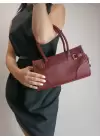 Waletta Bordo Cilt Çift Kemer Detaylı Kadın El Ve Omuz Çantası