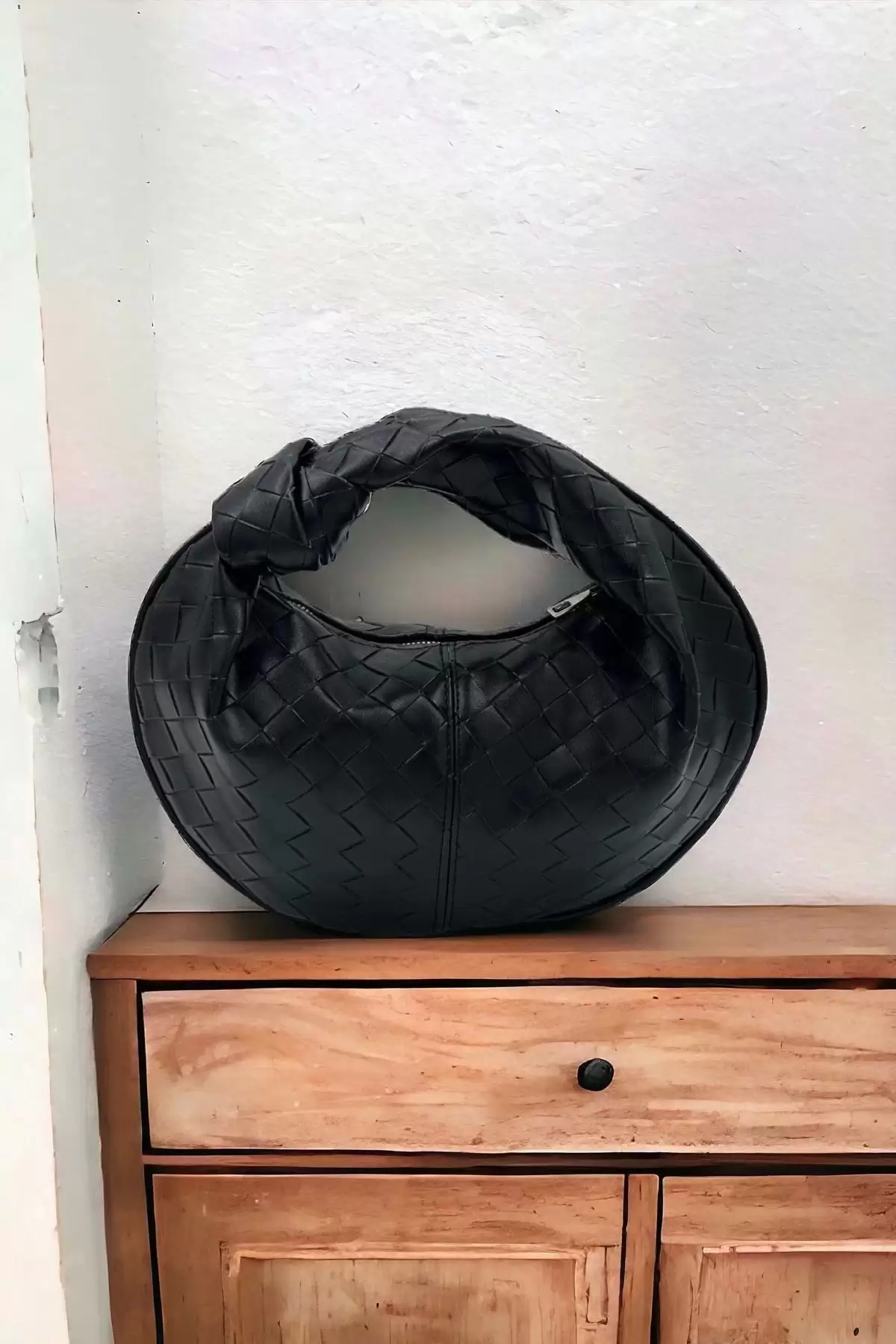 Helen Düğümlü Siyah Örgü Desen Trend Mini Kadın Bowl Bag