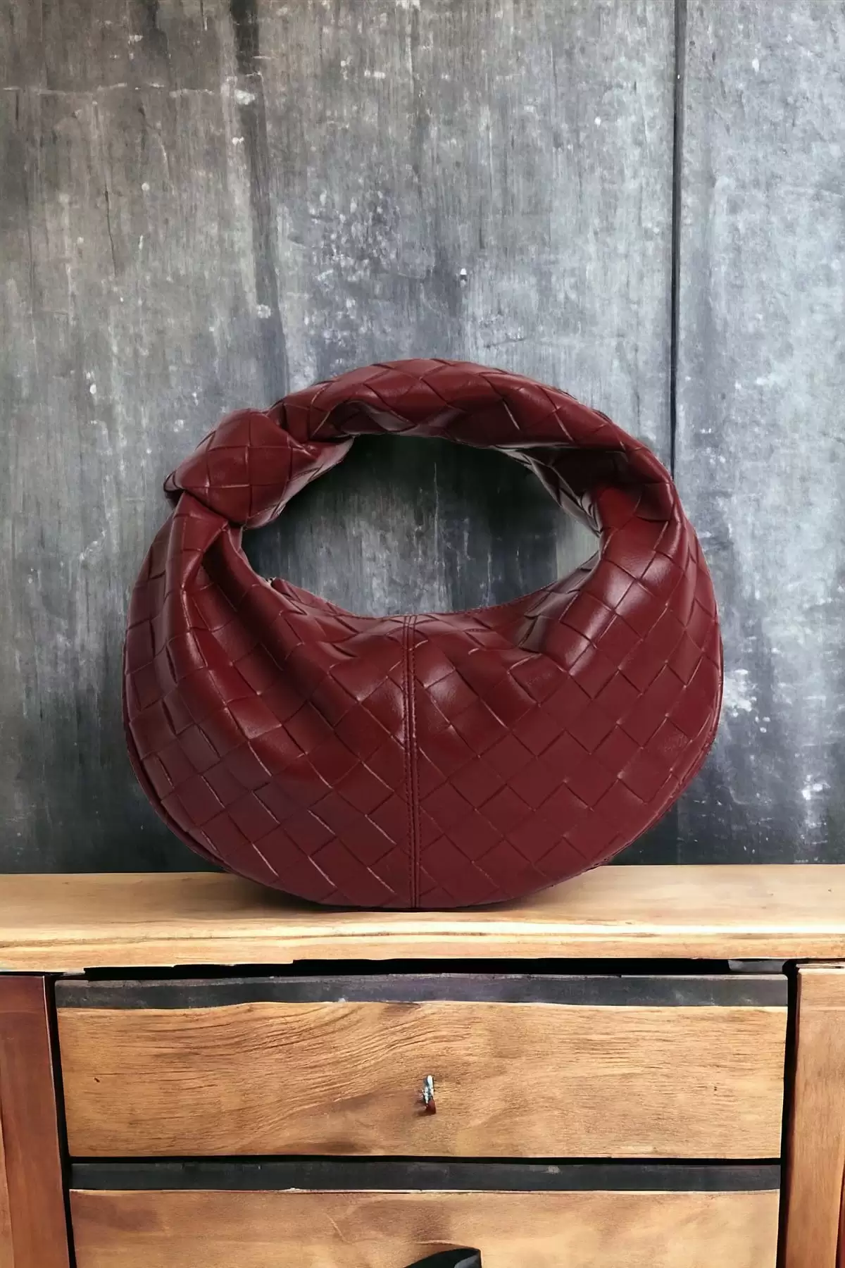 Helen Düğümlü Bordo Örgü Desen Trend Mini Kadın Bowl Bag