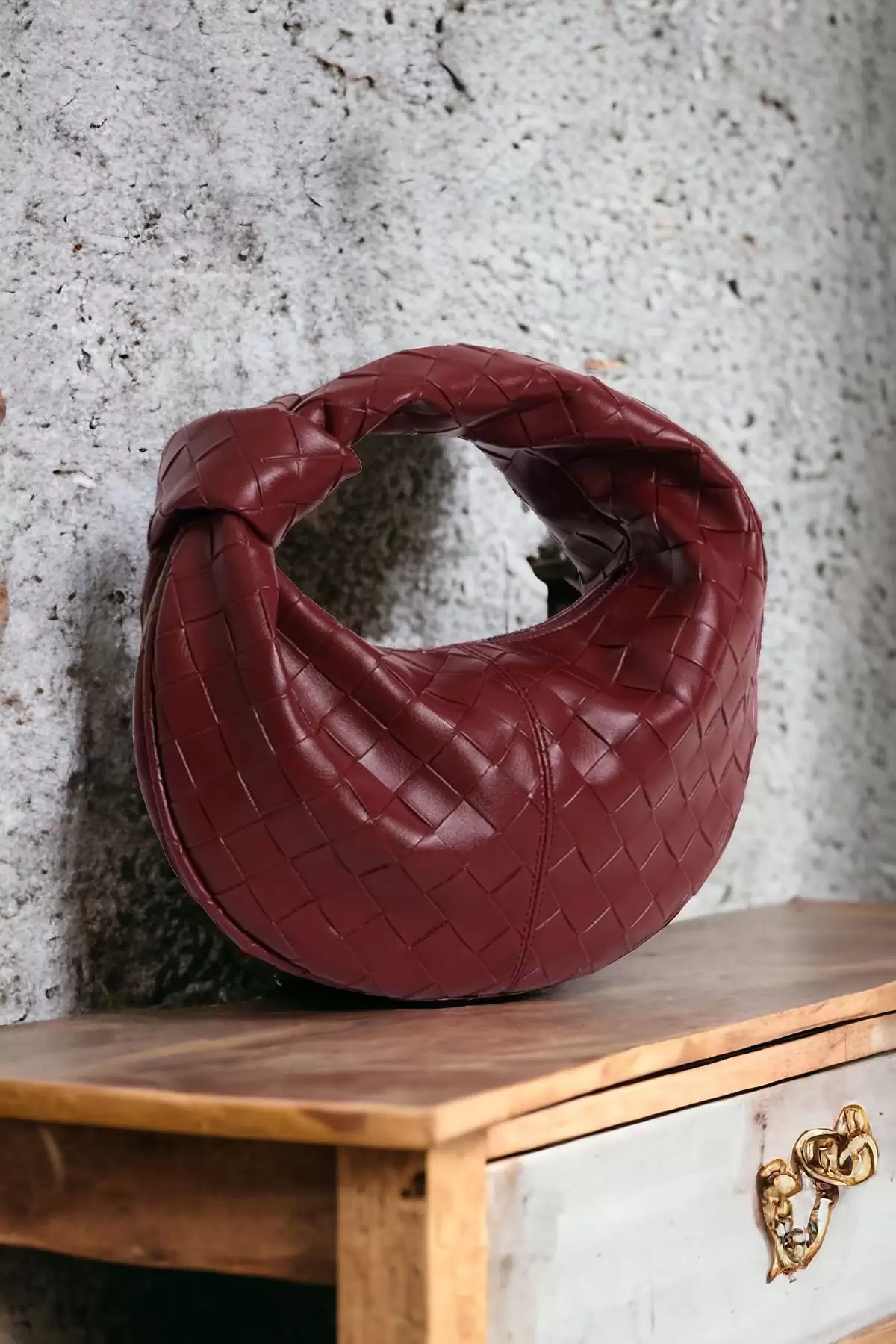 Helen Düğümlü Bordo Örgü Desen Trend Mini Kadın Bowl Bag