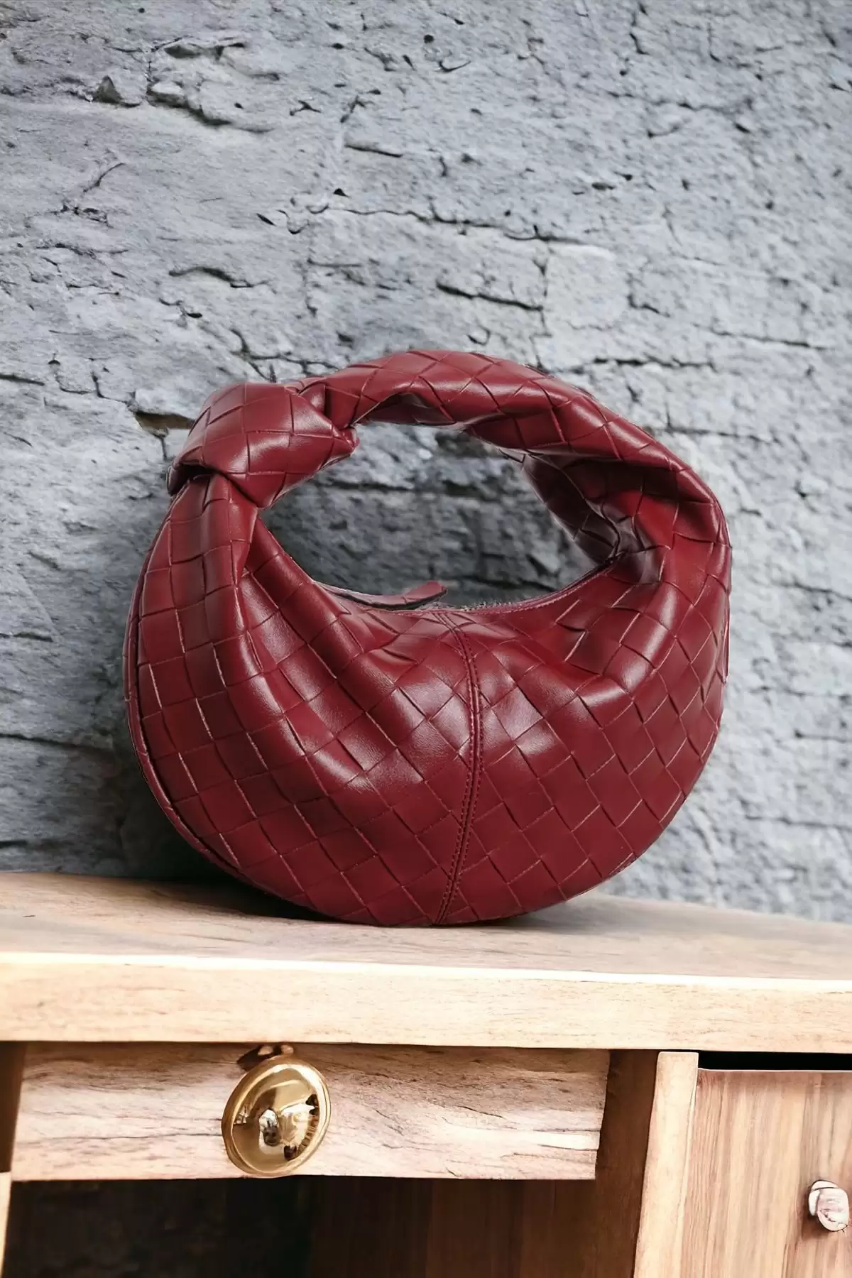 Helen Düğümlü Bordo Örgü Desen Trend Mini Kadın Bowl Bag