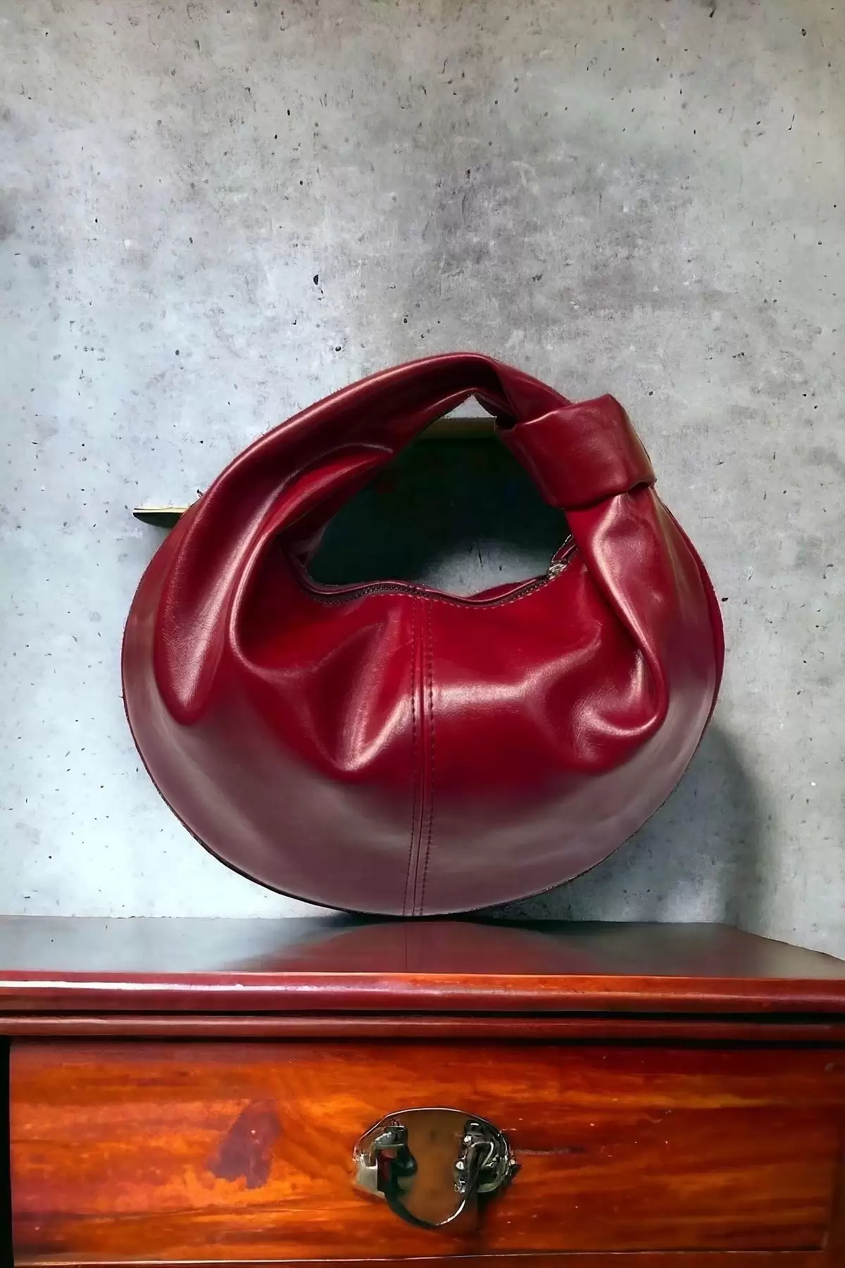 Helen Düğümlü Bordo Rugan Trend Mini Bowl Bag