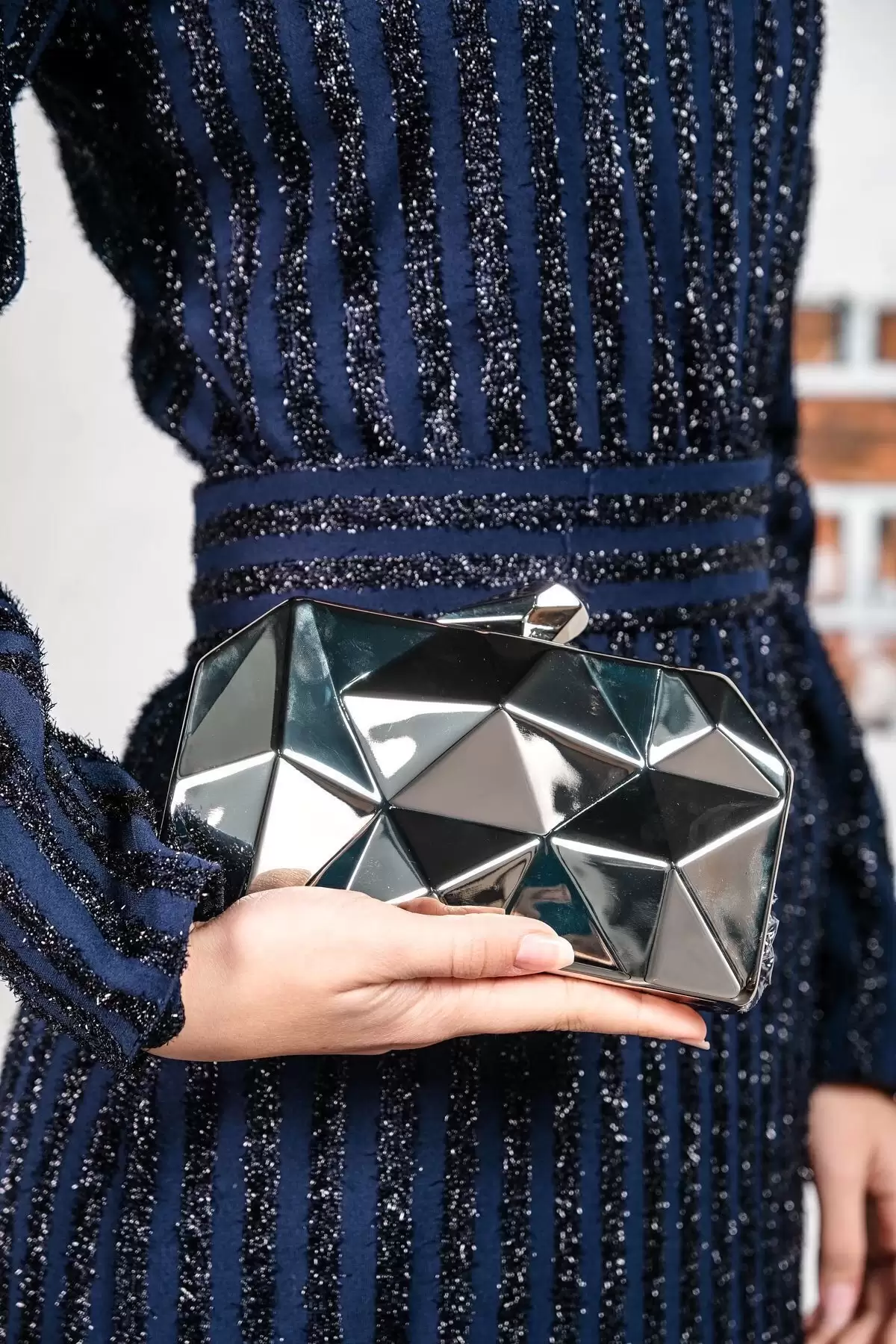 Aurelia Gümüş Zincir Askılı Clutch Abiye Portföy Çanta