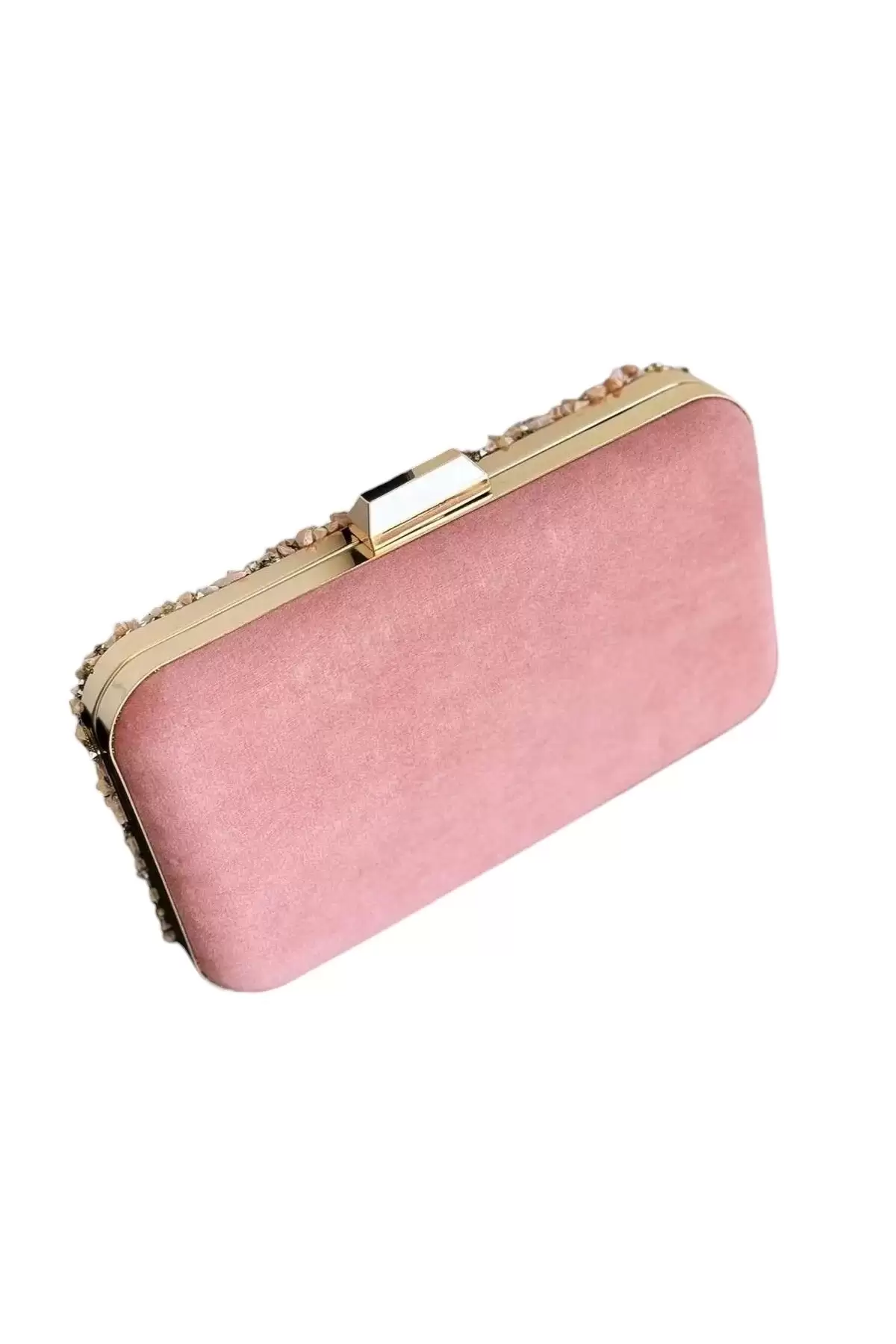 Marion Pudra Doğal Taşlı Zincir Askılı Zincir Askılı Clutch Abiye Portföy Çanta