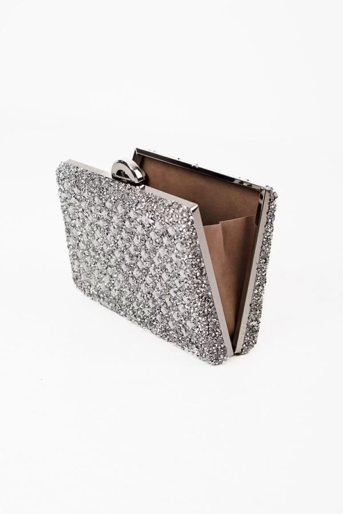 Vivienne Gümüş Taşlı Kutu Model Clutch Abiye Portföy Çanta