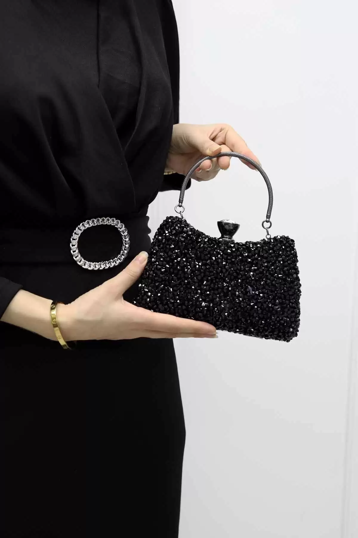 Belinda Siyah Kristal Taş Kapama Clutch Abiye Portföy Çanta