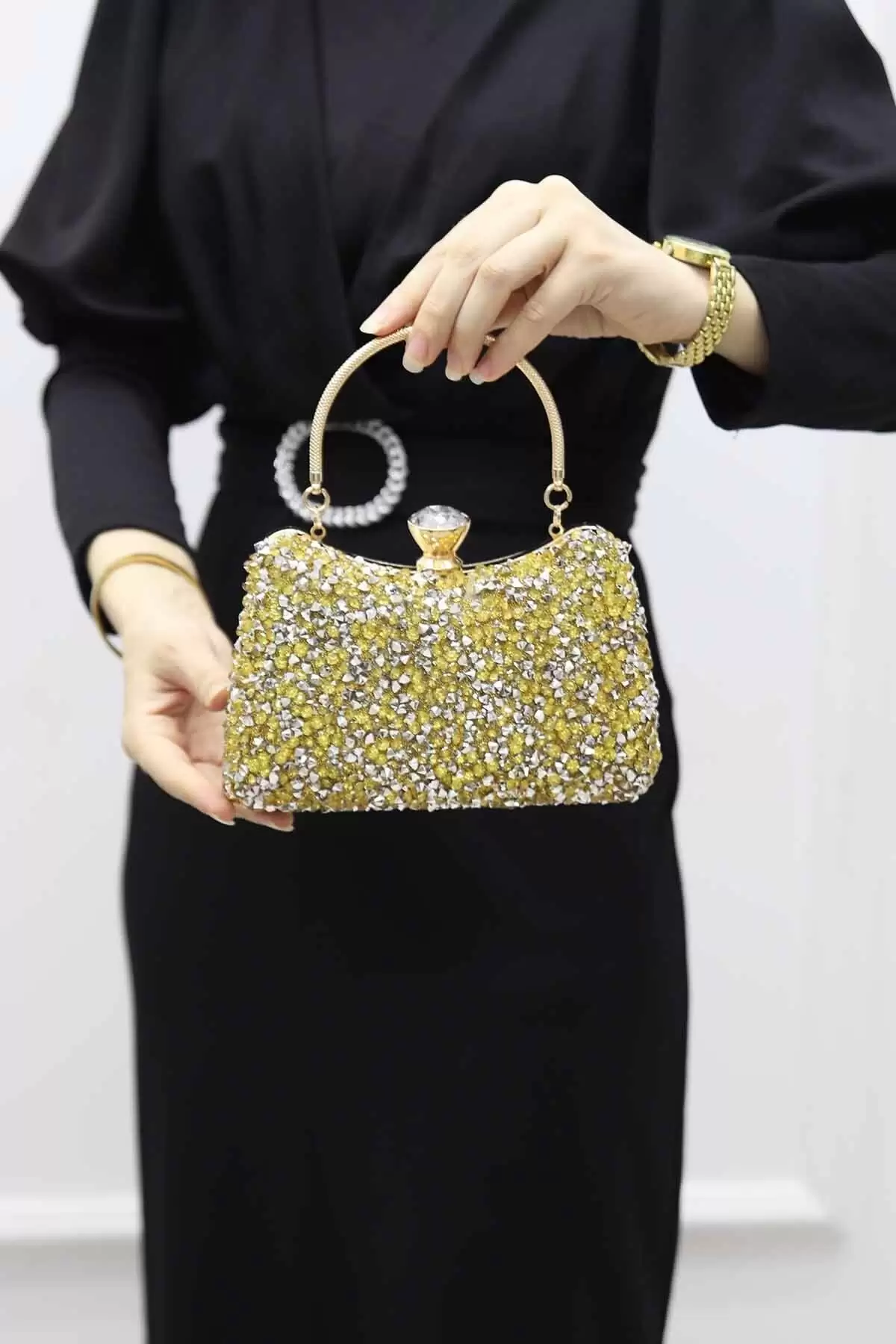 Belinda Gold Kristal Taş Kapama Clutch Abiye Portföy Çanta