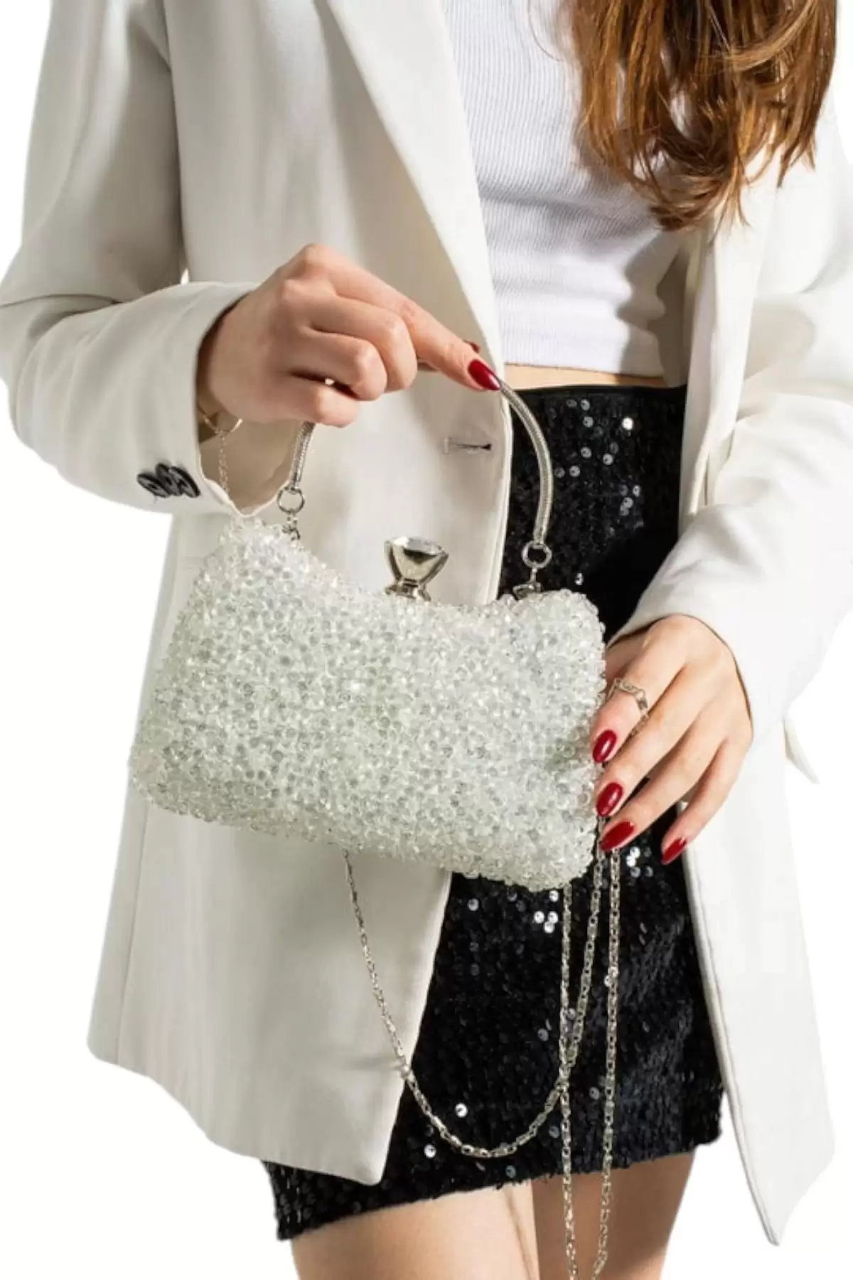 Belinda Beyaz Kristal Taş Kapama Clutch Abiye Portföy Çanta