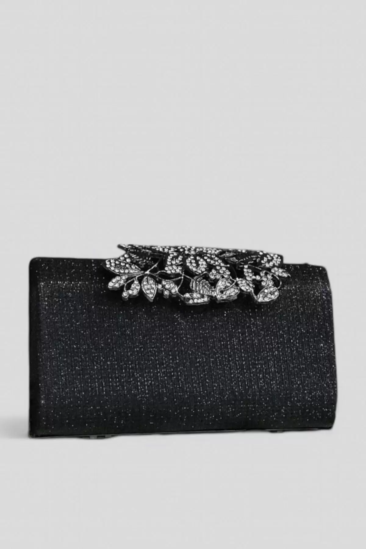 Tresa Siyah Çiçek Motifli Zincir Askılı Dokulu Clutch Abiye Portföy Çanta