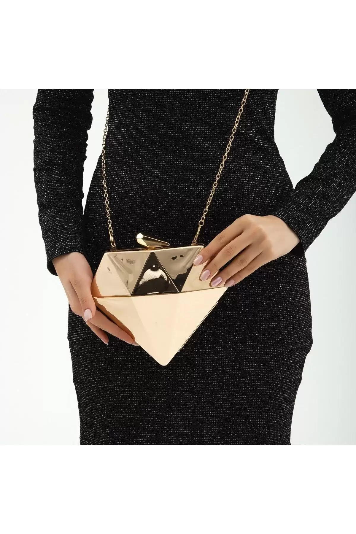 Gianna Gold Üçgen Model Clutch Abiye Portföy Çanta