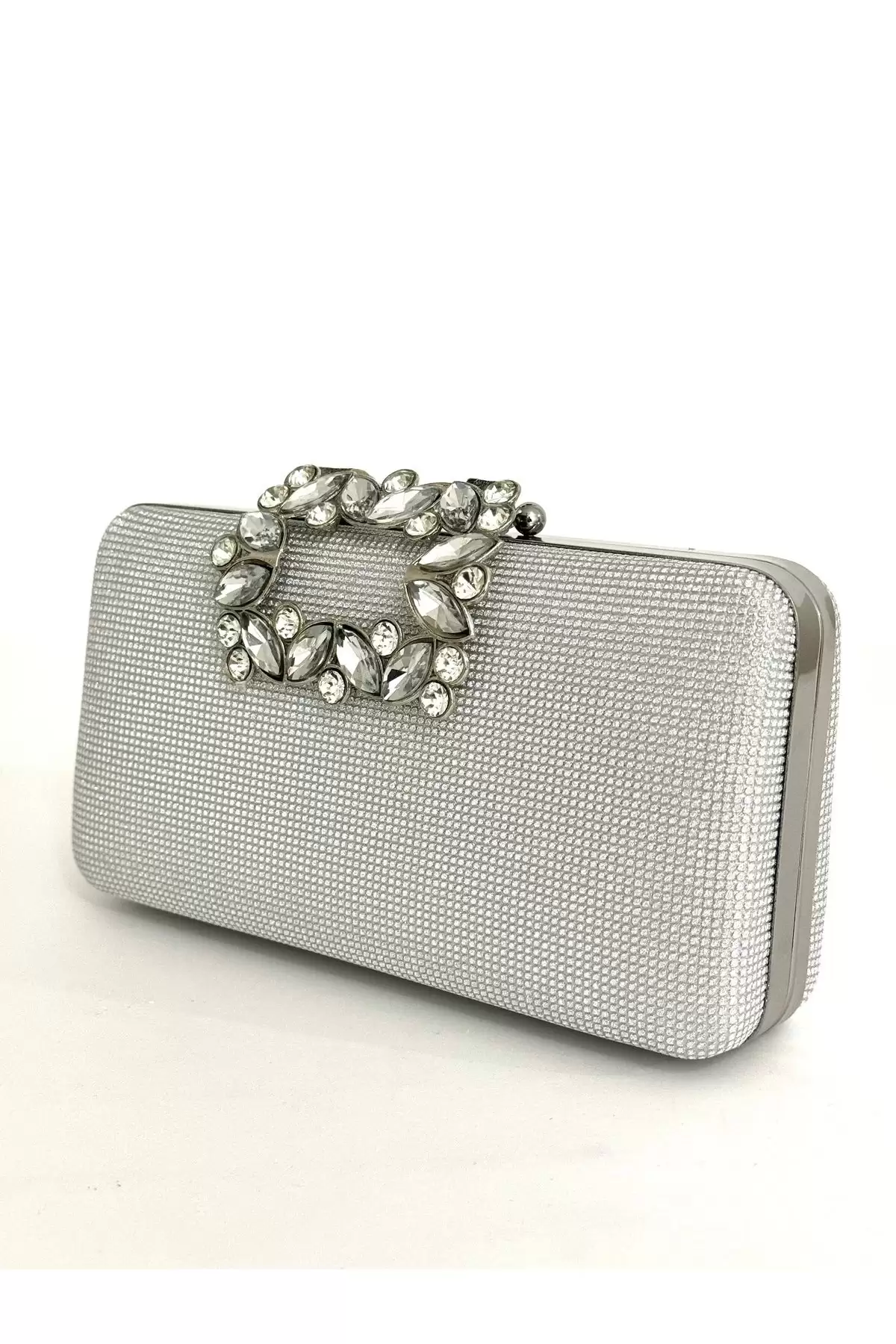 Elaya Gümüş Simli Taşlı Kapama Clutch Abiye Portföy Çanta