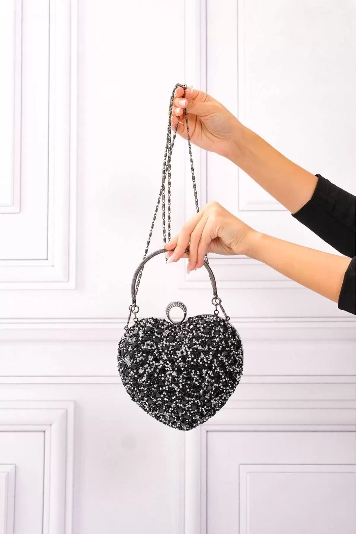 Cara Siyah-Gümüş Taşlı Yüzük Kapamalı Clutch Abiye Portföy Çanta