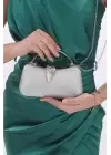 Zaira Gümüş Simli Yaprak Kapamalı Clutch Abiye Portföy Çanta