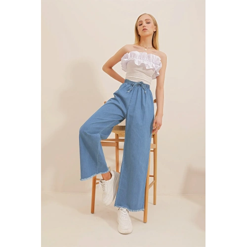 Lastikli Bel Cepli Geniş Paça İnce Kot Pantolon