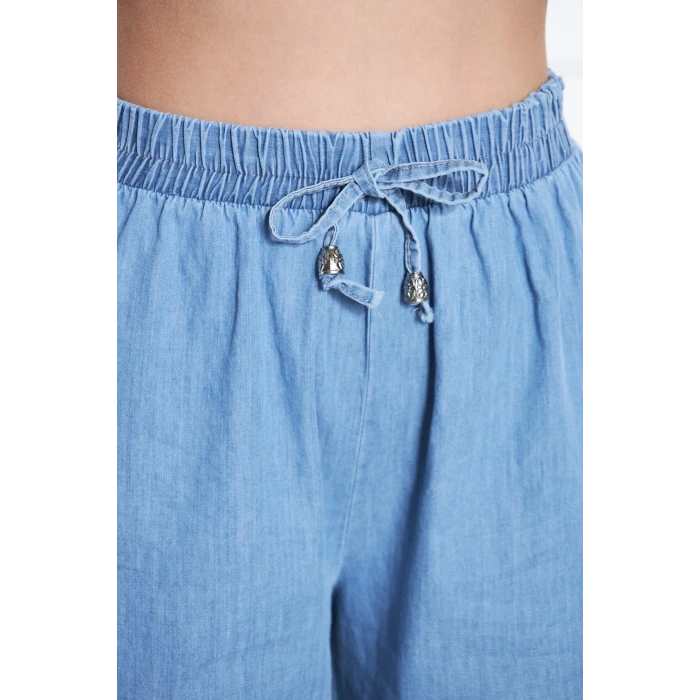 Lastikli Bel Cepli Geniş Paça İnce Kot Pantolon