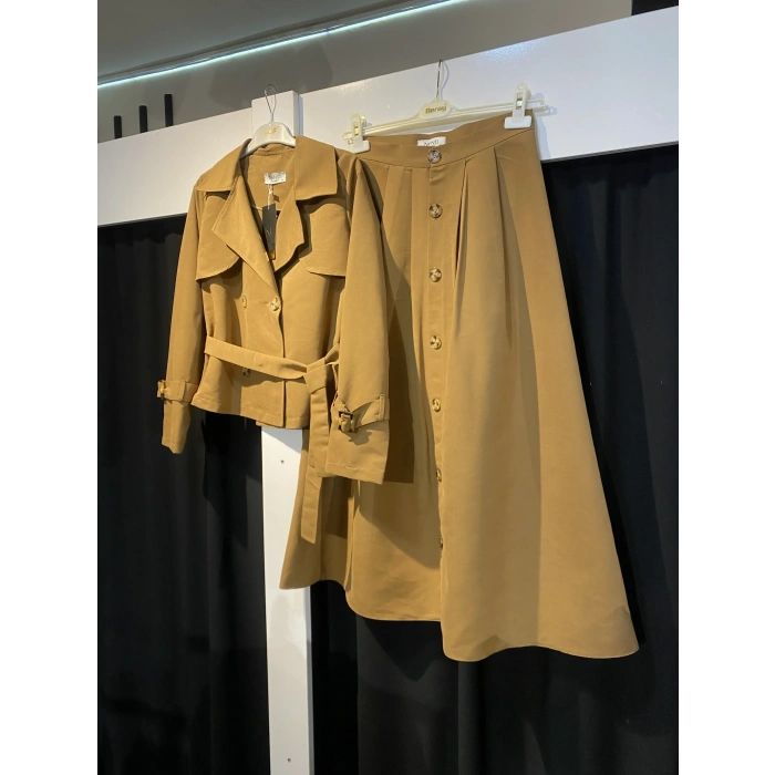 Premium Kalite Nenci Collection Üretimi Kısa Trençkot/Düğme Detaylı Etek Takım