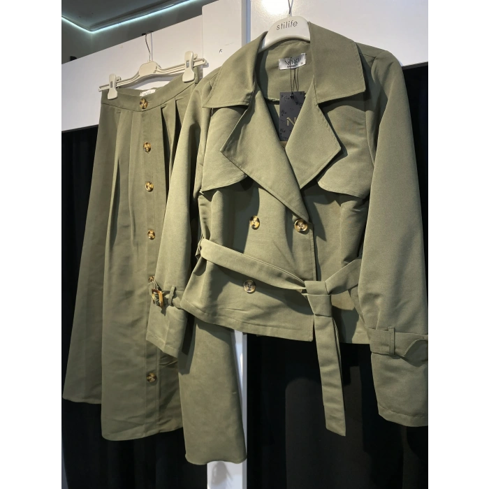 Premium Kalite Nenci Collection Üretimi Kısa Trençkot/Düğme Detaylı Etek Takım