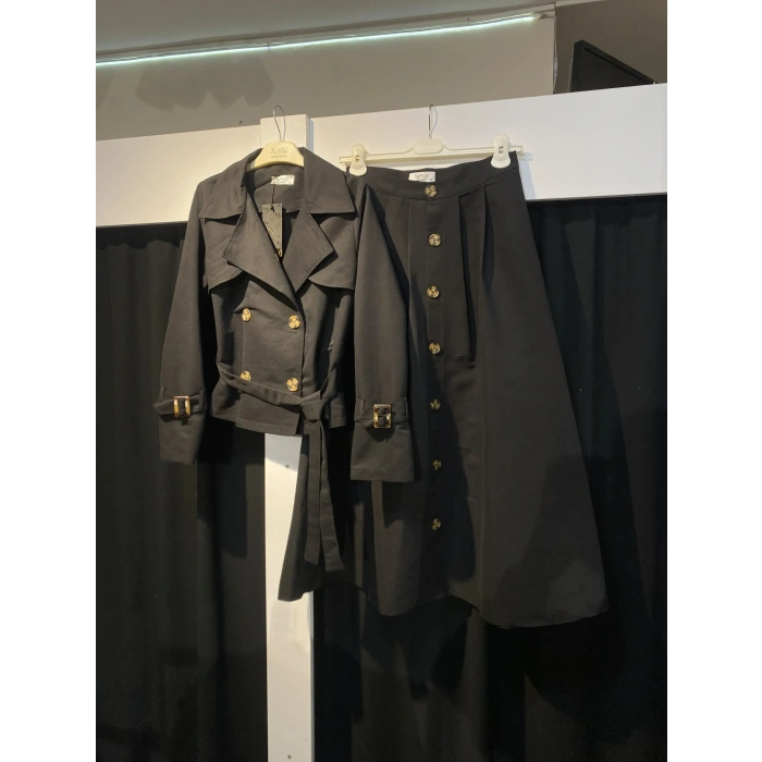 Premium Kalite Nenci Collection Üretimi Kısa Trençkot/Düğme Detaylı Etek Takım
