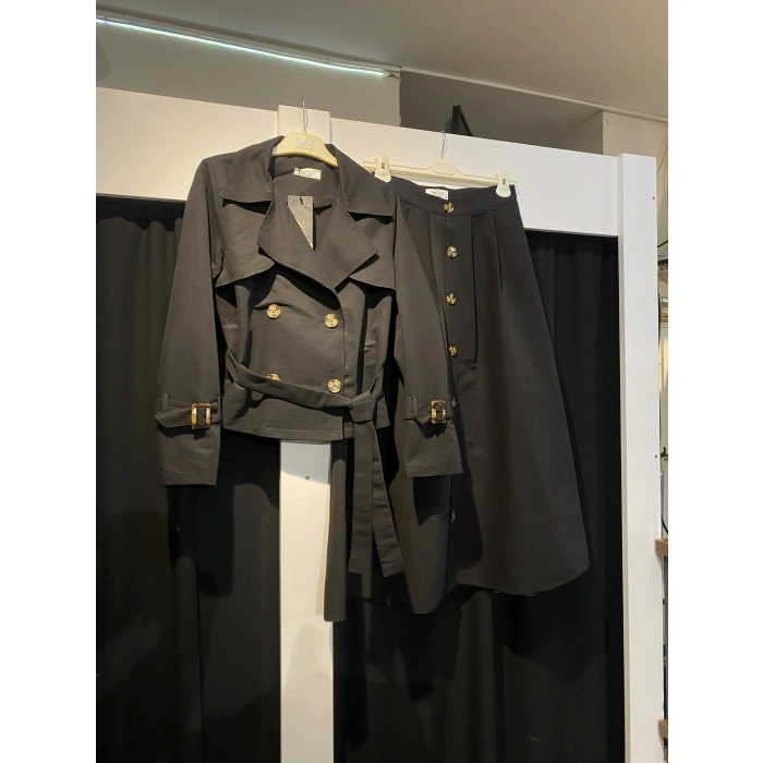 Premium Kalite Nenci Collection Üretimi Kısa Trençkot/Düğme Detaylı Etek Takım