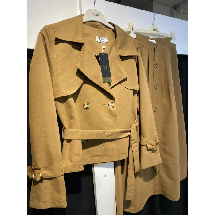 Premium Kalite Nenci Collection Üretimi Kısa Trençkot/Düğme Detaylı Etek Takım