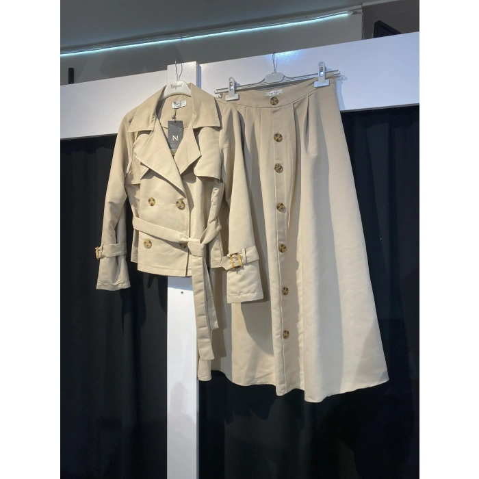 Premium Kalite Nenci Collection Üretimi Kısa Trençkot/Düğme Detaylı Etek Takım