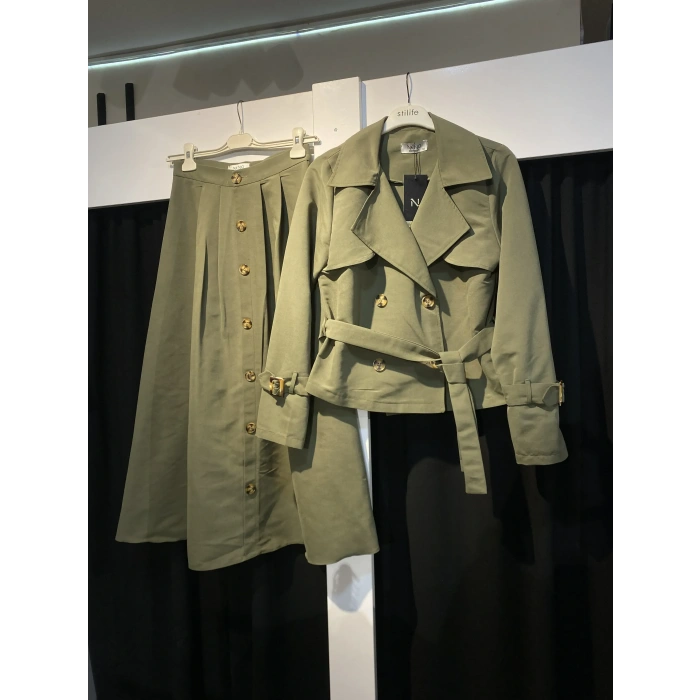 Premium Kalite Nenci Collection Üretimi Kısa Trençkot/Düğme Detaylı Etek Takım