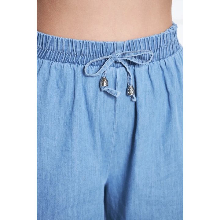 Lastikli Bel Cepli Geniş Paça İnce Kot Pantolon