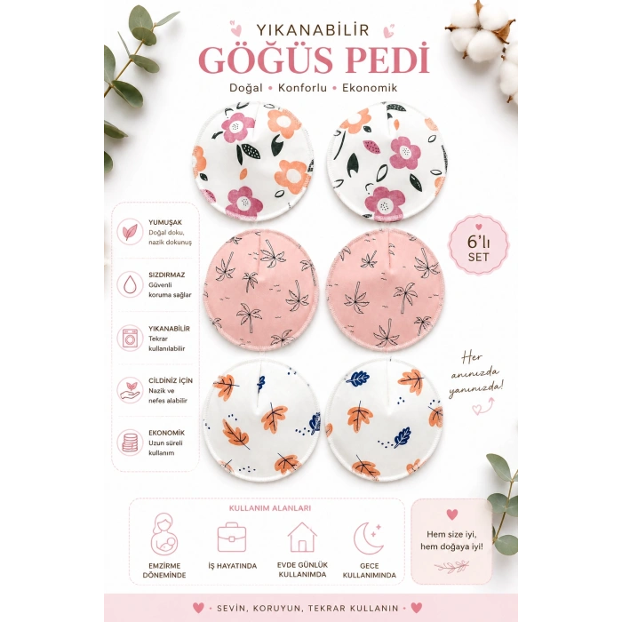 Bambu Desenli Sızdırmaz Yıkanabilir Anne Göğüs Pedi ( 3Çift )