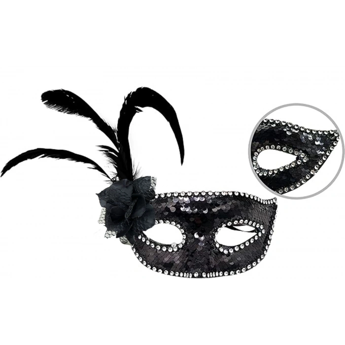 Siyah Yandan Tüylü Güllü Taşlı Pullu Maske