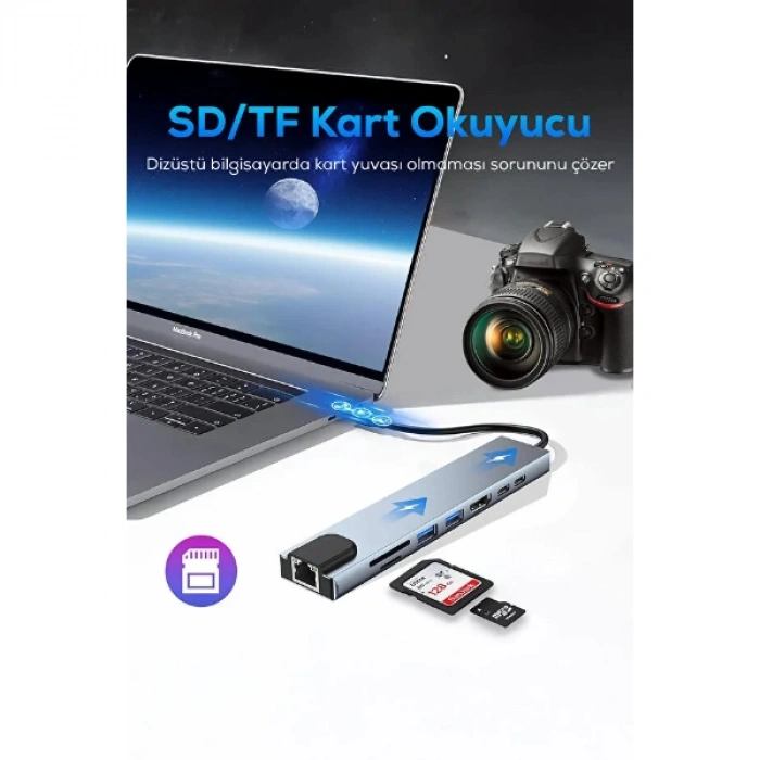 Type C Girişli 8 Port Dönüştürücü Ve Çoklayıcı