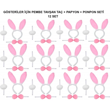 Pembe Tavşan Kostüm Seti – Taç, Papyon, Ponpon (12’li Paket)
