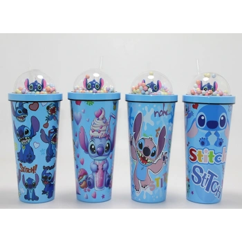Sevimli Stitch Pipetli Boncuklu Termos Ve Suluk