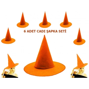 Turuncu Renk Keçe Cadı Şapkası 6 Adet