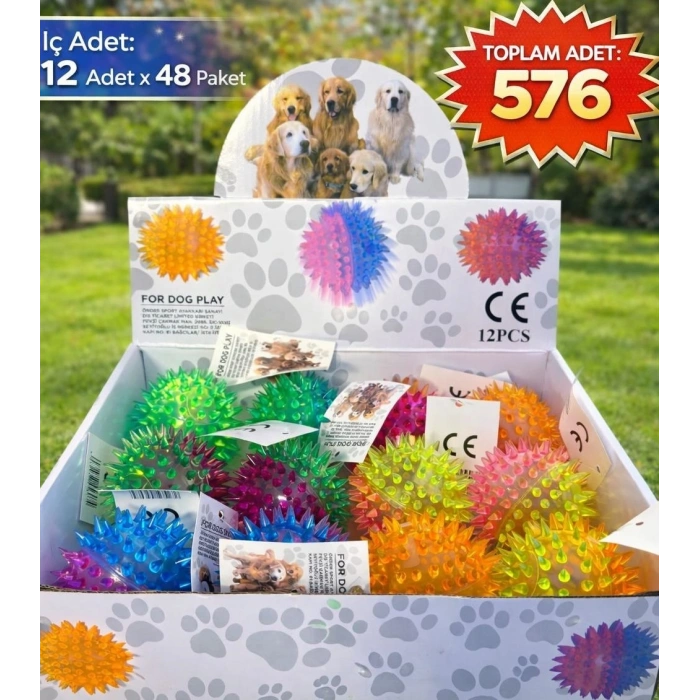 Toptan 12li Paket Işıklı ve Dikenli Kirpi Top Seti - Renkli Köpek ve Stres Oyuncağı