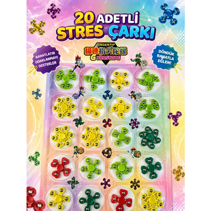 Toptan 20 Adetli Karışık Modelli Stres Çarkı Seti - Fingertip Gyroscope Eğlence Paketi