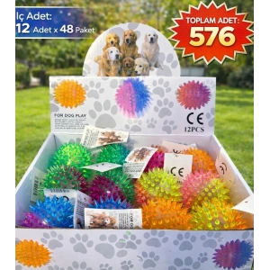 Toptan 12li Paket Işıklı ve Dikenli Kirpi Top Seti - Renkli Köpek ve Stres Oyuncağı