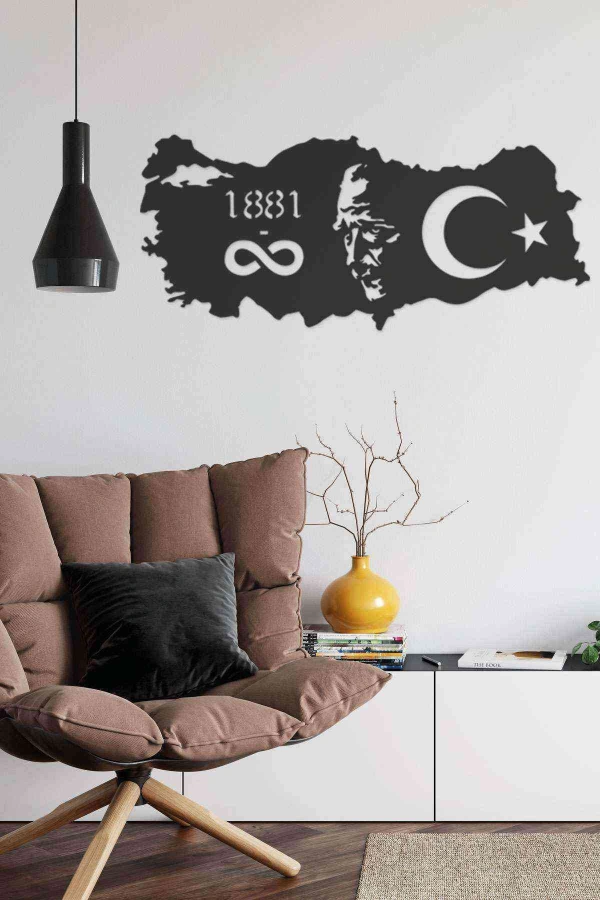 Türkiye Haritalı Atatürk Figürü Ahşap Lazer Duvar Dekoru Tablo Mdf