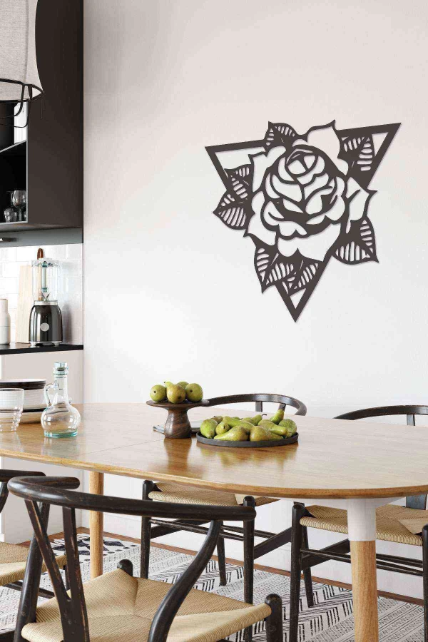 Gül Prizma Siyah Ahşap Lazer Duvar Dekoru Tablo Mdf