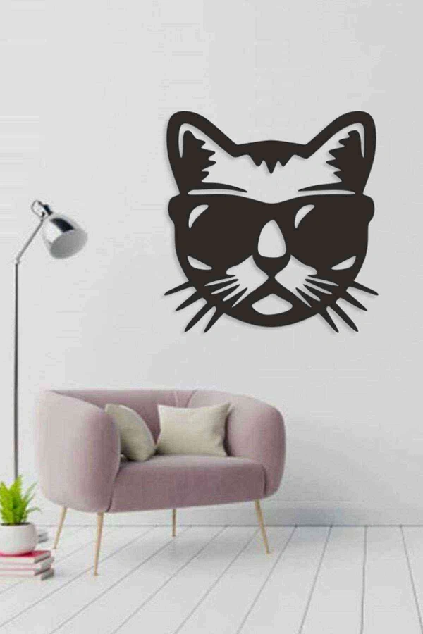 Gözlüklü Kedi 3D Mdf Ahşap Tablo Evinize Ofisinize Yeni Tarz Wall Art
