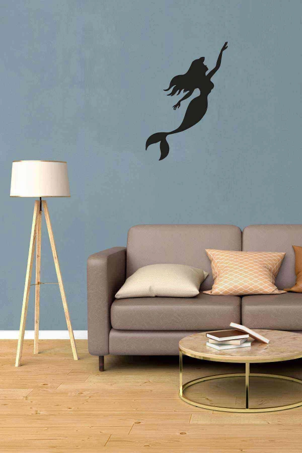 Deniz Kızı Figürlü Duvar Dekoru Siyah Ahşap Lazer Mdf