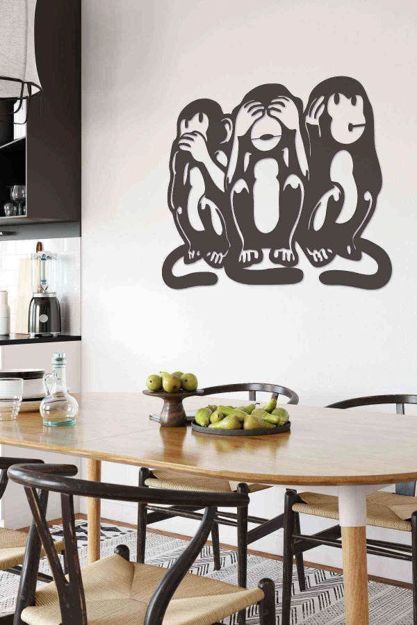 Üç Maymun Görmedim Duymadım Bilmiyorum Dekoratif Duvar Tablosu Siyah Ahşap Lazer Mdf