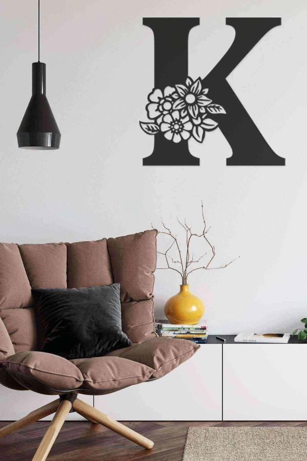 K Harfi Tag Duvar Tablosu Siyah Ahşap Lazer Mdf
