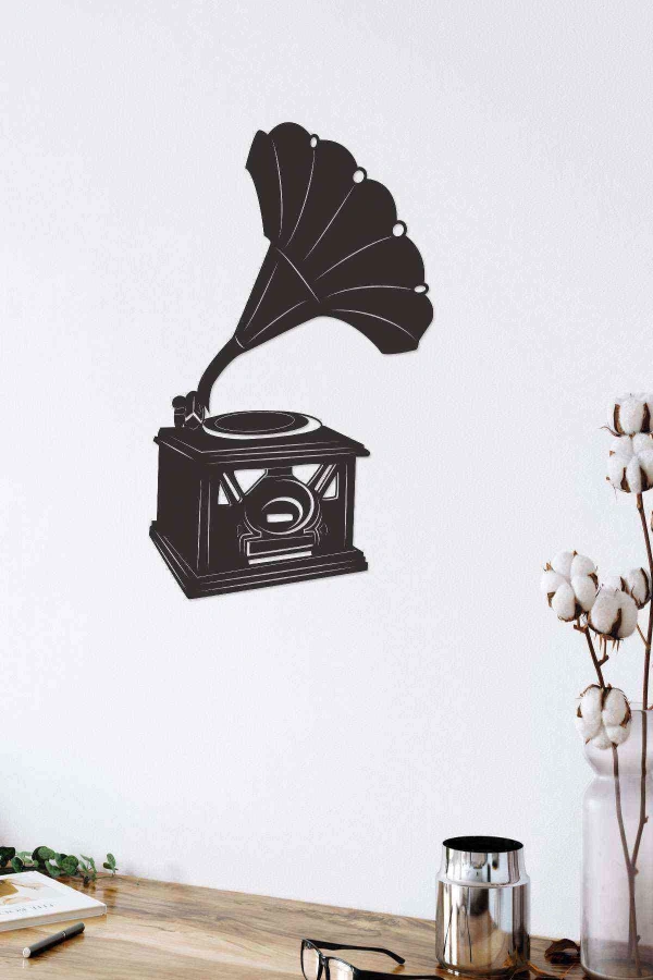Gramafon Dekoratif Duvar Dekoru Siyah Ahşap Lazer Mdf