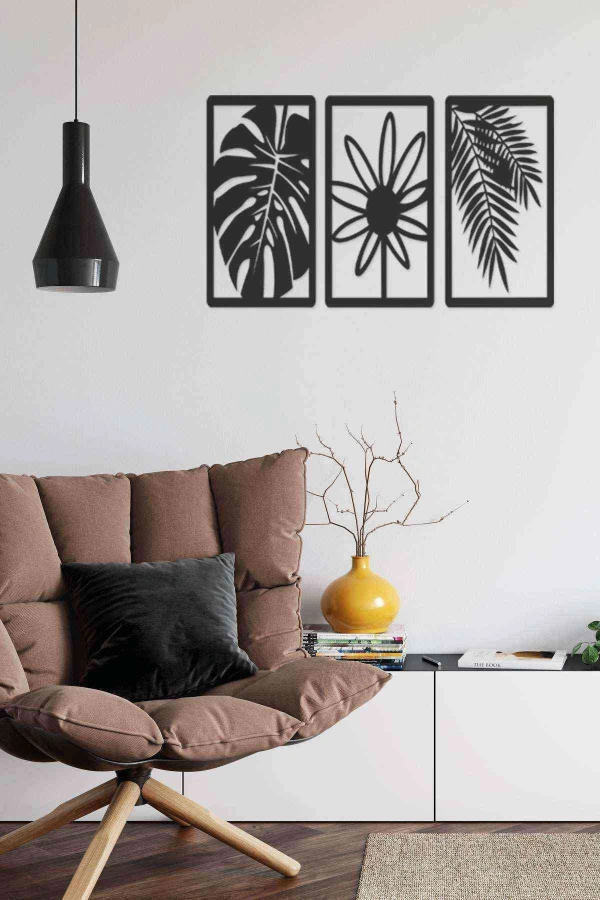 Yaprak Üçlü Seti Duvar Tablosu Siyah Ahşap Lazer Mdf