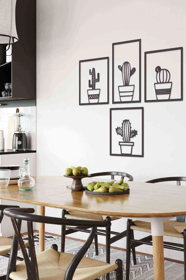 Kaktüs Seti 4 Lü Duvar Dekoru Tablosu Siyah Ahşap Lazer Mdf