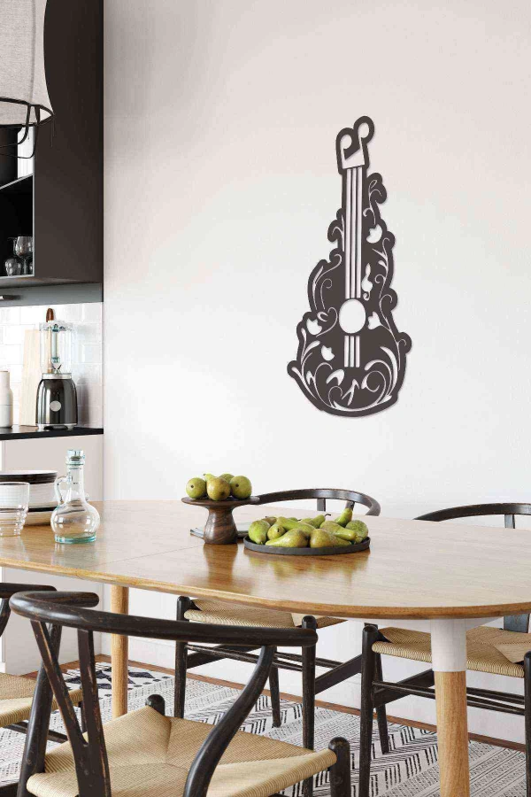 Gitar Melodi Duvar Dekoru Tablosu Siyah Ahşap Lazer Mdf