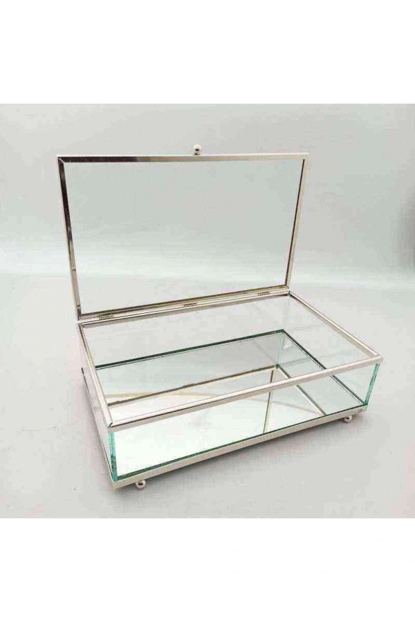 Metal Cam Kutu Gümüş Çikolata Kutusu Çok Amaçlı Takı Kutusu 30x20x7 Cm