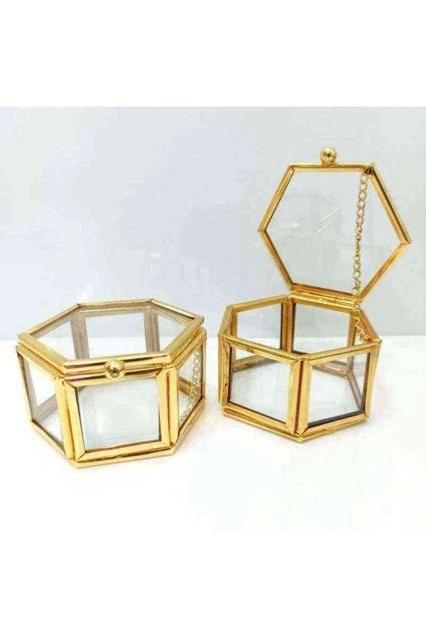 Metal Altıgen Cam Kutu Yüzük Kutusu 7x7x5 Gold 1 Adet