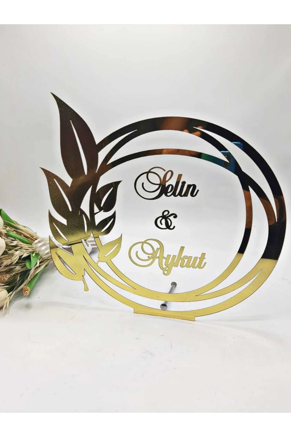 30X30 CM YAPRAKLI MASA ÜSTÜ PLEKSİ İSİMLİK SÖZ NİŞAN KINA GOLD